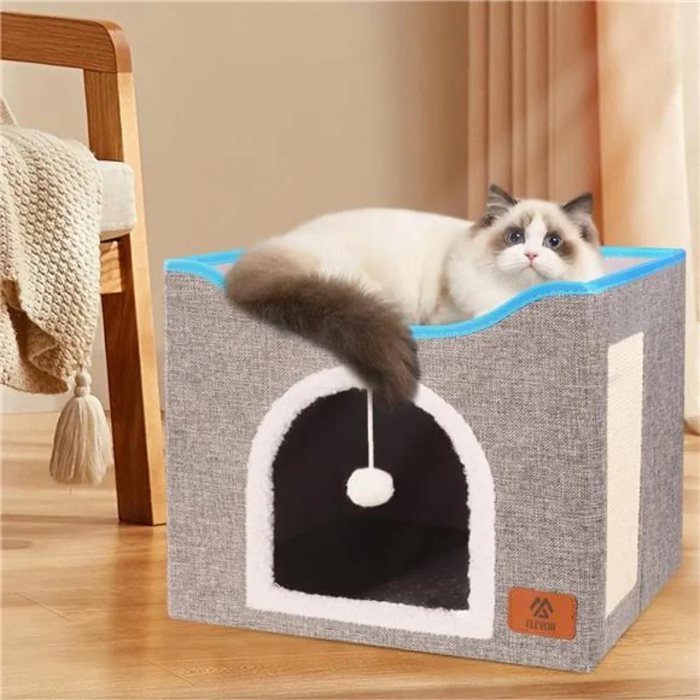 Elevon Cat Beds, Cat House Cat Cave Beds with Scratch Pad, Foldable (Grey)